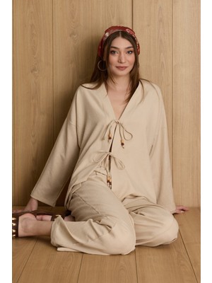 FullaModa Önü Bağlamalı Keten Kimono 2 Li Takım