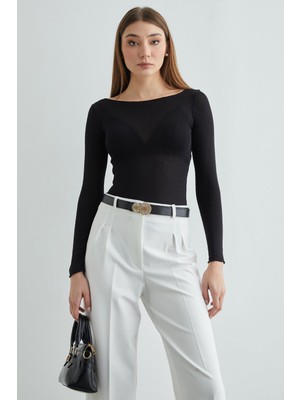 FullaModa Kayık Yaka Transparan Bluz