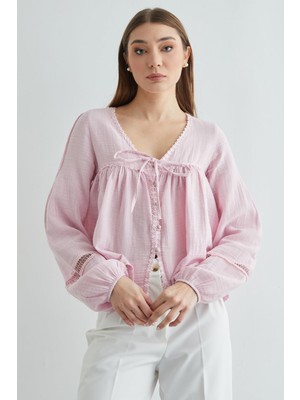 FullaModa Dantelli Düğmeli Müslin Gömlek