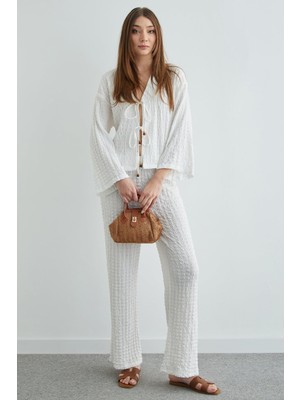 FullaModa Önden Bağlamalı Dokulu Kimono 2 Li Takım