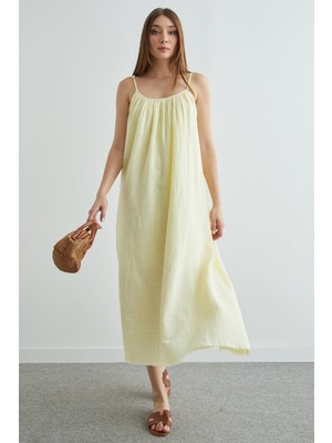 FullaModa Basic Askılı Etek Ucu Yırtık Müslin Elbise