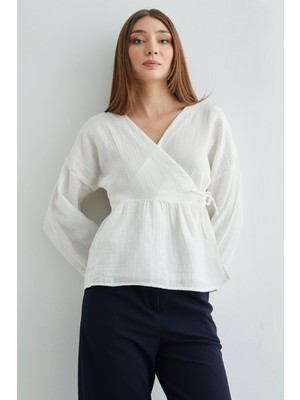 FullaModa Yandan Bağlamalı Kruvaze Yaka Müslin Kimono