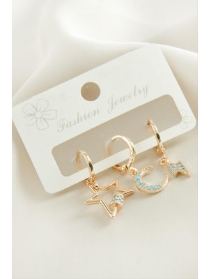 SiHako 3 Adet Hilal Yıldız Zirkon Taşlı Küpe