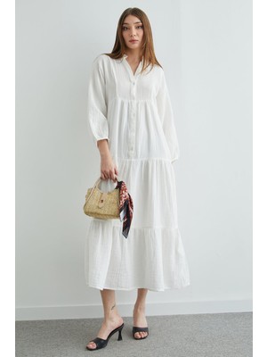 FullaModa Fullamodest Yarım Düğmeli Hakim Yaka Müslin Elbise