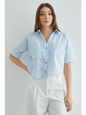 FullaModa Çift Cepli Oversize Crop Gömlek