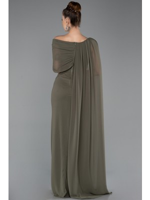 Abiyefon Pelerinli Tek Omuz Uzun Şifon Büyük Beden Abiye ABU5419