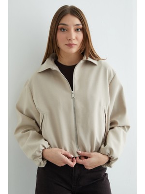 FullaModa Fermuarlı Polo Yaka Crop Bomber Ceket