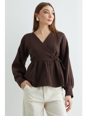 FullaModa Yandan Bağlamalı Kruvaze Yaka Müslin Kimono