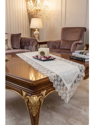 PremiumPort Kadife Dantel Detaylı Krem Runner 140X40 Cm, Şık ve Zarif Dekorasyon Parçası