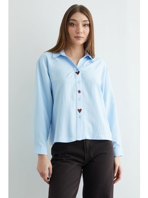 FullaModa Kalp ve Güneş Nakışlı Salaş Gömlek