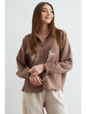 FullaModa Fiyonk Nakışlı Oversize Gömlek
