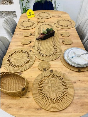 PremiumPort Hasır Jüt Sunum Tabak Altlığı Sepet ve Bardaklık 14'lü Set