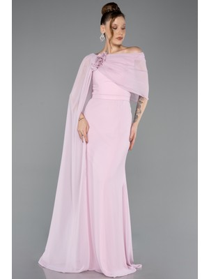 Abiyefon Pelerinli Tek Omuz Uzun Şifon Büyük Beden Abiye ABU5419