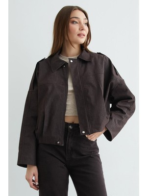 FullaModa Fermuarlı Oversize Kot Ceket