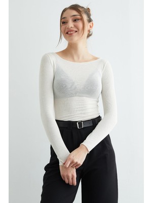 FullaModa Kayık Yaka Transparan Bluz