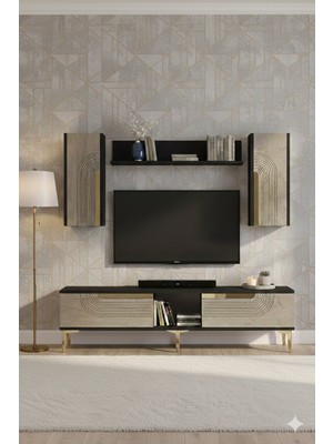 Yumedi Design TVR1502ATG - Dünya Tv Ünitesi Takımı 150CM Antrasit-Traverten-Gold