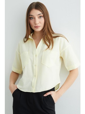 FullaModa Çift Cepli Oversize Crop Gömlek