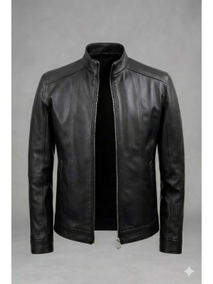 VERRA Hakiki Deri Siyah Erkek Deri Mont - Hakim Yaka Fermuarlı Slim Fit Modern Tasarım
