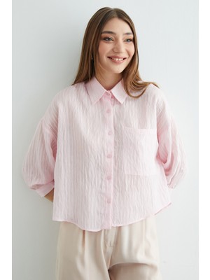 FullaModa Çizgili Jakarlı Tek Cepli Gömlek