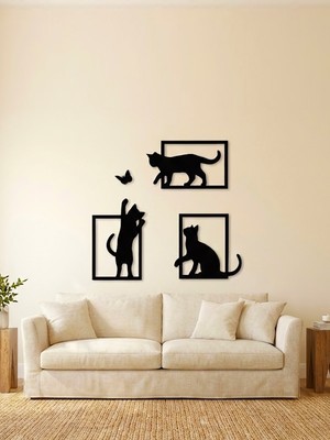 3 Parça Dekoratif Kedi ve Kelebek Temalı Duvar Dekoru - Modern Tasarım
