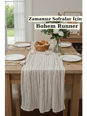 PremiumPort Bohem Runner Doğal Bej Modern Masa Örtüsü Çeyiz Seti