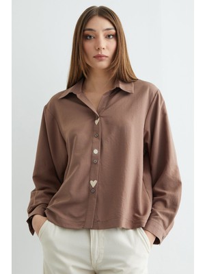 FullaModa Kalp ve Güneş Nakışlı Salaş Gömlek