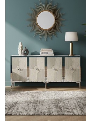 Yumedi Design KA1811BTS - Temtem Konsol ,tv Sehpası , Çok Amaçlı Dolap, Kahve Köşesi 180 cm Beyaz-Traverten-Silver