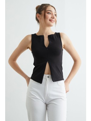 FullaModa Basic Çift Fermuarlı Bluz