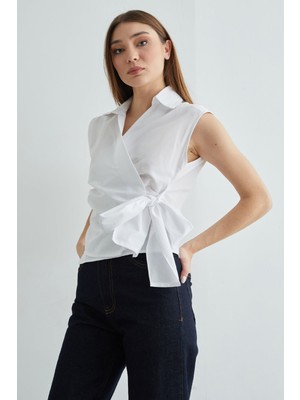 FullaModa Yandan Bağlamalı Drapeli Kruvaze Yaka Gömlek