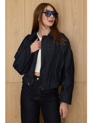 FullaModa Fermuarlı Oversize Kot Ceket