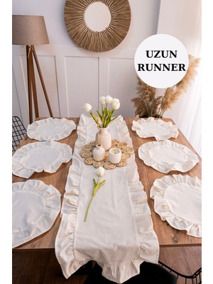 PremiumPort 7 Parça Fırfırlı Sofra Sunum Seti, Amerikan Servisi ve Runner, 40X150 cm