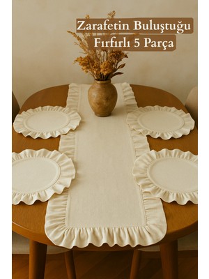 PremiumPort Fırfırlı 5 Parça Çeyiz Seti, Keten Runner ve Amerikan Servisi