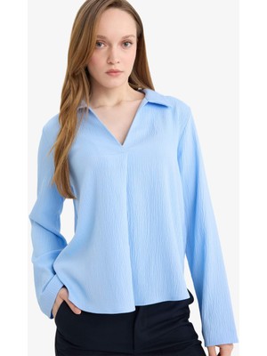 DeFacto Relax Fit Gömlek Yaka Gofre Dokulu Uzun Kollu Bluz G9141AX26SP