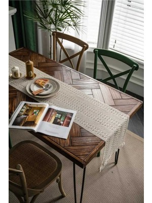 PremiumPort Organik Pamuk Dantel Runner Kelebek Desenli 150X35, Şık ve Zarif Dekorasyon