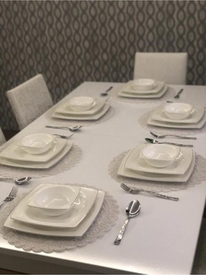 PremiumPort Sarmal Desen Anglez Kordon Işlemeli 6 Kişilik Supla Amerikan Servis (Krem)