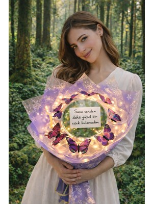PremiumPort Mor Ledli Kelebek Buketi - Aynalı Çiçek ile Zarif Dekorasyon
