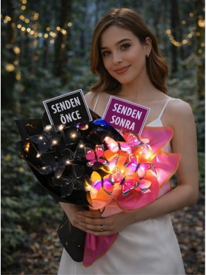 PremiumPort Renkli LED Işıklı Kelebek Buketi Sevgiliye Özel Hediye, Doğum Günü Için