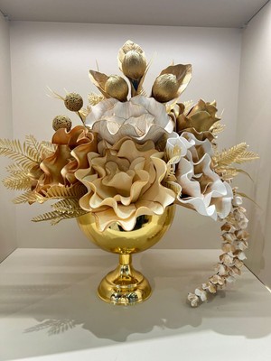 PremiumPort Yapay Çiçekli Gold Yuvarlak Vazo No:1, Şık ve Zarif Dekorasyon Parçası