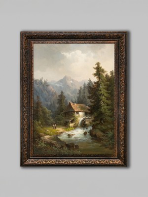 PremiumPort Dağ Evinde Şelale Manzaralı Tablo, Bronz Eskitme Çerçeveyle Dekorasyon