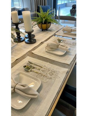 PremiumPort 7 Parça Fransız Dantelli Gold Simli Ekru Amerikan Servis ve Runner Set