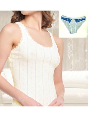 Tutku Kadın Jakarlı Kalın Askılı Ekru Atlet 3'lü & Desenli Bikini 3'lü-Gıri Ekru-S/m