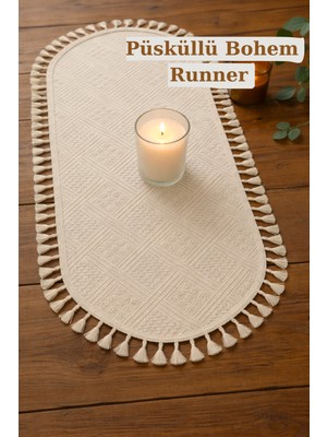 PremiumPort Bohem Tarz Püsküllü Oval Pamuklu Runner, Şık ve Rahat Dekorasyon Için