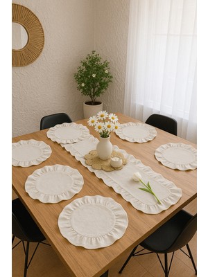 PremiumPort Şık 7 Parça Sofra Seti, Fırfırlı Takım, Amerikan Servisi, Supla ve Runner