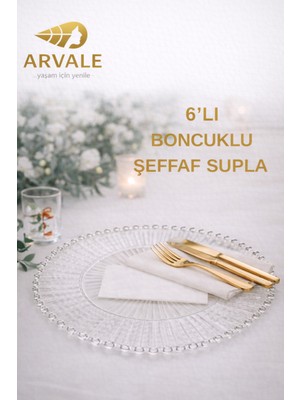 PremiumPort 6’lı Boncuklu Şeffaf Supla, Cam Görünümlü, Masa ve Davet Sunum Tabağı