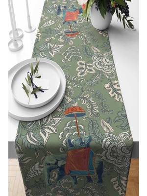 PremiumPort Küf Yeşili Runner Hint Fili Desenli Süet Dokuma 140X40 cm