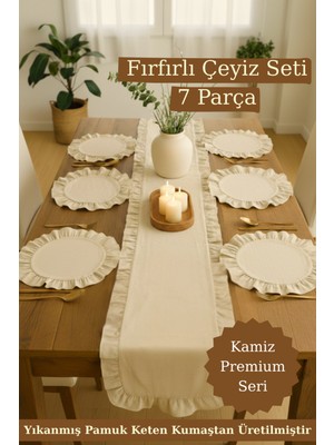 PremiumPort Fırfırlı Keten Runner ve 6'lı Supla Seti, Şık ve Zarif Çeyiz Takımı