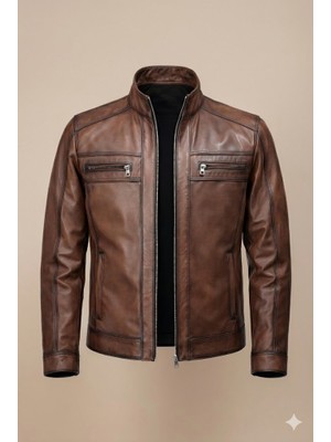 VERRA Erkek Kahverengi Hakiki Deri Fermuarlı Spor Mont
