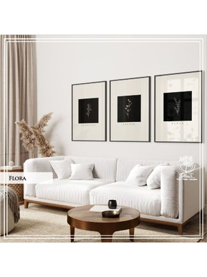 PremiumPort Şık Metal Çerçeveli Camlı Flora 3'lü Dekoratif Tablo Seti