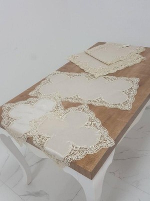 PremiumPort Lüks Osmanlı Ipeği Bej Salon Takımı, Güpürlü 5 Parça Set