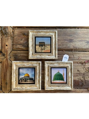 PremiumPort 3'lü Taş Duvar Dekoru Seti, 20X20CM, Kabe, Mescid-I Aksa ve Kubbe Tasarımları